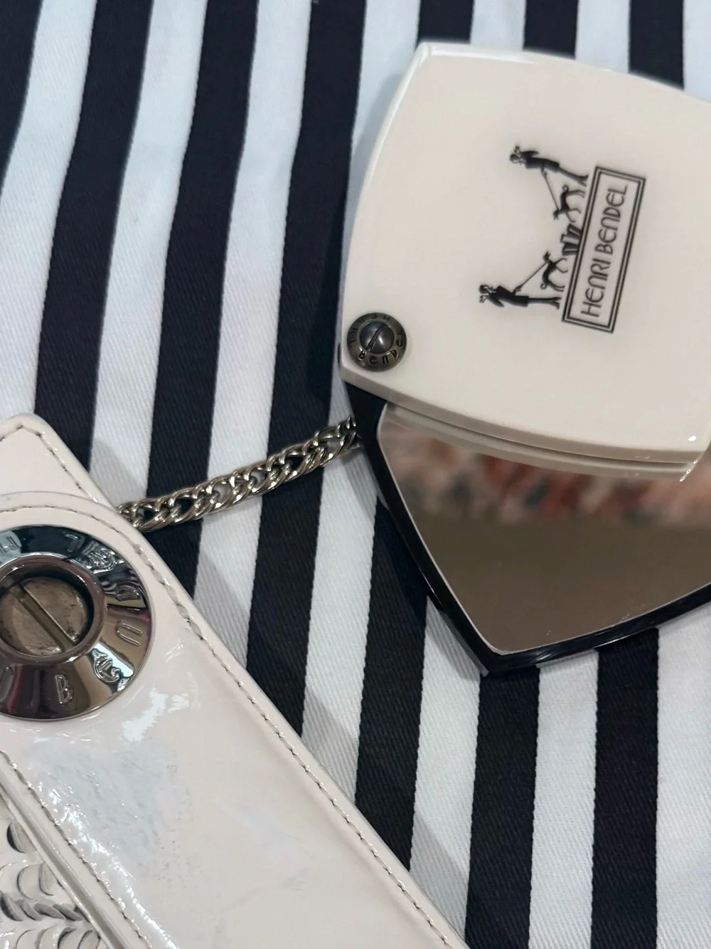 Henri Bendel Cream Patent Leather Paillette Evening Clutch w/ Mirror